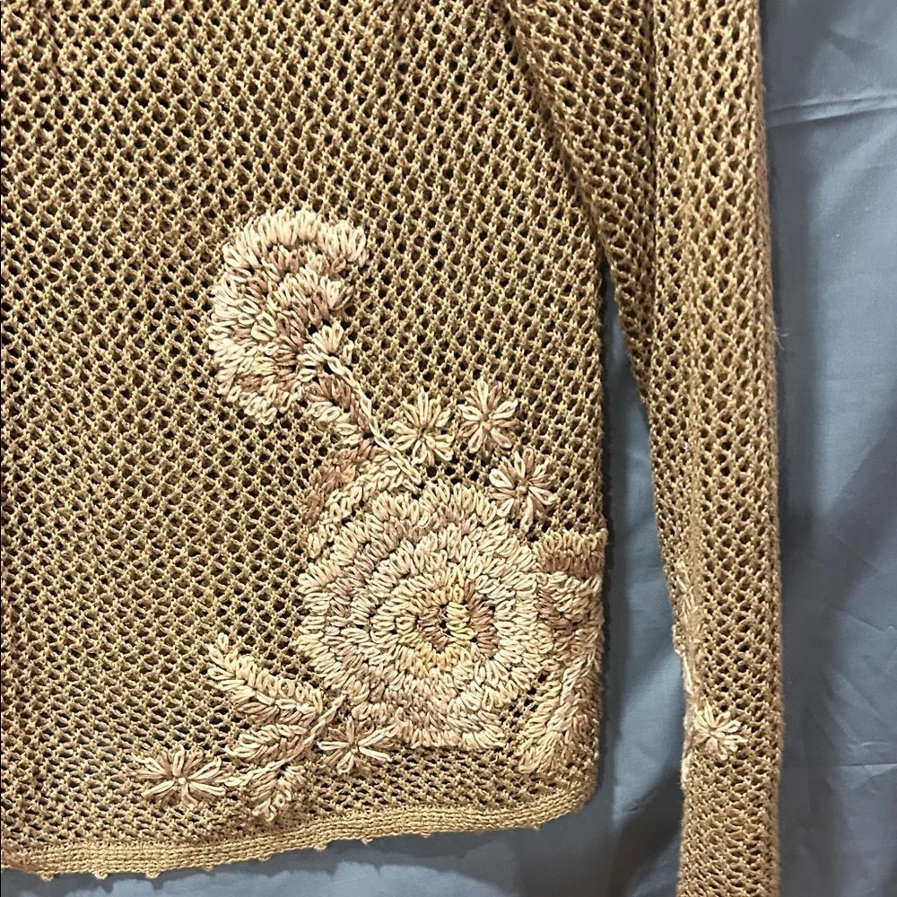 J. Jill Beige Open Knit Cardigan with Floral Accents